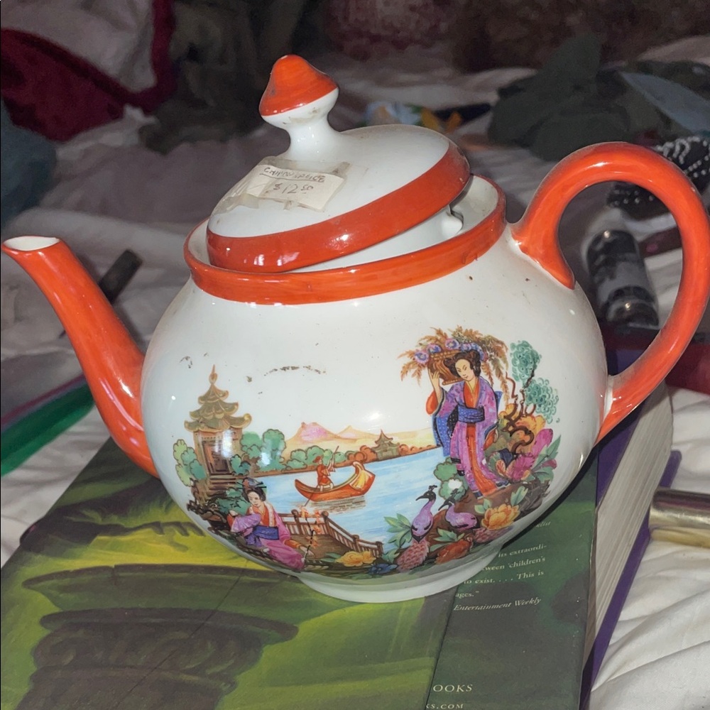 Vintage Oriental Teapot with Orange Accents